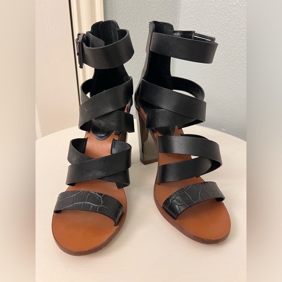 BCBG Max Azria black leather strappy sandal with chunky metallic heel. Size 8M. - Picture 2 of 7